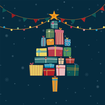 Collection of gift box pile in Christmas tree shape over dark blue background and blur snowflakes. Vector illustration for Merry Christmas concept