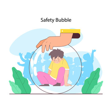 Overprotective parenting. Child enclosed in a clear bubble