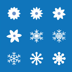 Snowflakes icons set. Vector illustration. White snowflakes on blue background. Snow design elements that represent winter for winter design purposes.