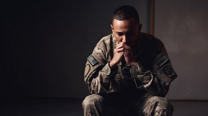 An American soldier with ptsd sits sad - obrazy, fototapety, plakaty