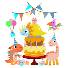 Fototapeta premium Happy Birthday Dinosaur party cake. happy dino clipart