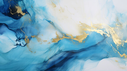 Marble abstract acrylic painting. Blue and gold colors. Liquid marble texture. Abstract blue and gold marble texture background. Watercolor  illustration with golden streaks. Alcohol ink technique. - obrazy, fototapety, plakaty