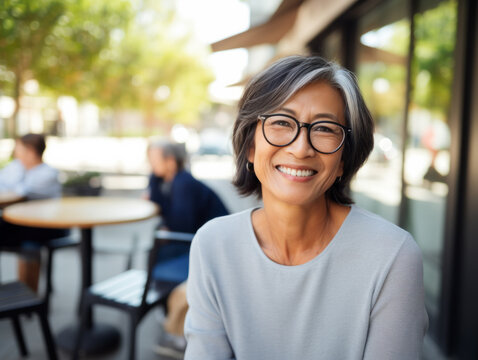 smiling mid age woman sitting at cafe