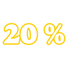 Neon 20 % symbol on transparent background. Glowing discount label png.