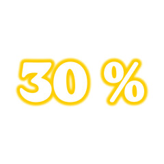 Neon 30 % symbol on transparent background. Glowing discount label png.