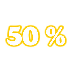 Neon 50 % symbol on transparent background. Glowing discount label png.