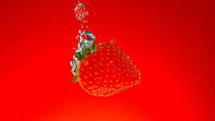 Freeze motion of falling fresh strawberry into water