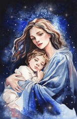 Watercolor illustration. Virgin Mary with baby Jesus against the background of the starry sky. Design for Christmas, cards, church