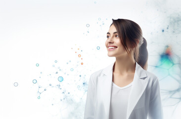Young woman scientist in white lab coat looking at blue molecule structure. Science and education concept. Molecule structure on background. young female doctor in white coat with molecule model - Powered by Adobe