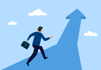 Leadership to reach business success. Businessman running to the top of the graph. Business concept of goal, success, ambition, achievement and challenge.