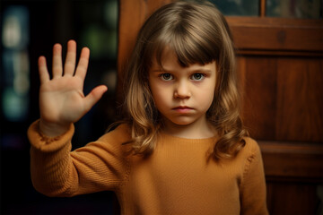 Fototapeta premium Little girl extends her hand forward, stop gesture
