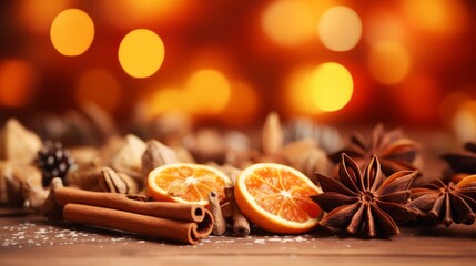 Christmas still life with spices and dried orange slices on holiday bokeh background, Generative AI