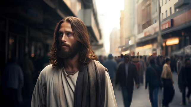 Jesus Christ in modern bustling urban cityscape. Nowaday society call for spiritual guidance and redemption. Religious support in busy street community. Pray for help and appearance.