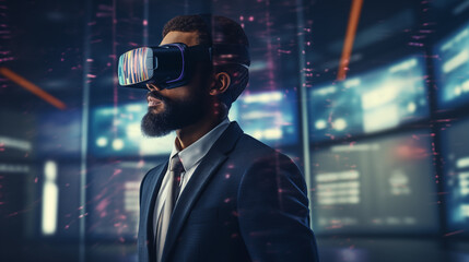 A trader wearing virtual reality (VR) goggles for immersive trading analysis, crypto traders