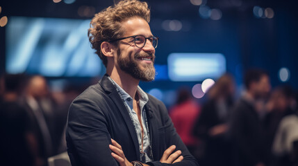 Trader attending a cryptocurrency conference or seminar with enthusiasm, crypto traders