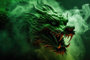Fototapeta na wymiar Green dragon in the smoke, fictional frightening character, symbol of the chinese new year 2024