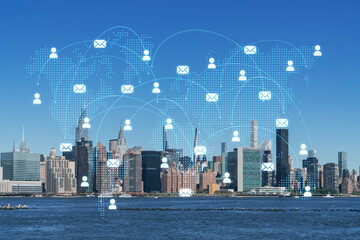 New York City skyline, United Nation headquarters over the East River, Manhattan, Midtown at day time, NYC, USA. Social media hologram. Concept of networking and establishing new people connections