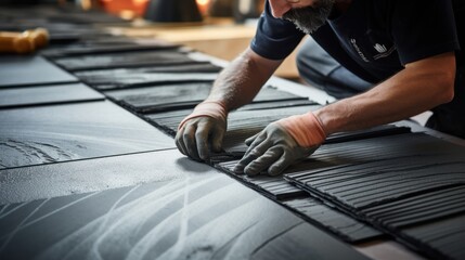 Close-up of a worker installing ceramic tile on a floor . Construction and Architecture Concept. Background with a copy space. - obrazy, fototapety, plakaty