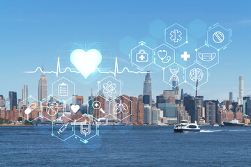 New York City skyline from Brooklyn, Williamsburg over the East River, Manhattan skyscrapers at day time, USA. Health care digital medicine hologram. The concept of treatment and disease prevention - obrazy, fototapety, plakaty