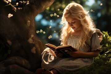 Blonde child reading a fairy tale book under a tree.