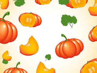 Vector set of Falling Orange Pumpkins with Green Leaves. Flying slices of Pumpkins.