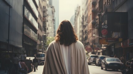 Jesus Christ in modern bustling urban cityscape. Nowaday society call for spiritual guidance and redemption. Religious support in busy street community. Pray for help and appearance.