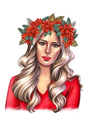 portrait of a girl in wreath of  red Christmas flowers