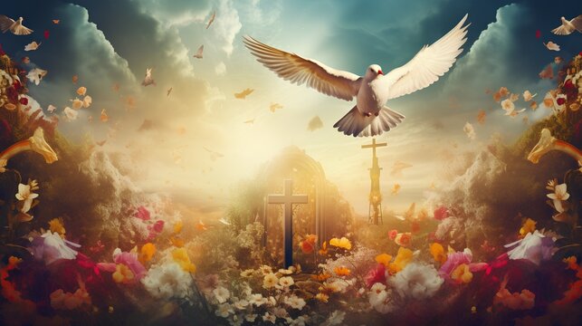 Vibrant and colorful religious background perfect for social media posts. Peaceful Holy dove, cross, and other symbolic elements of Christianity, artistically rendered to inspire faith and devotion.