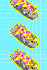 Contemporary art collage. Modern creative artwork. Monochrome, hot dogs with colorful vivid souses against blue paper background.