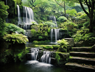 A stunning cascading waterfall enveloped by vibrant green foliage in a serene natural setting.