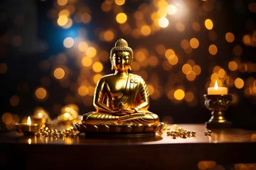 Foto op Canvas golden buddha statue on the top of table with black and golden bokeh light background © Prisma