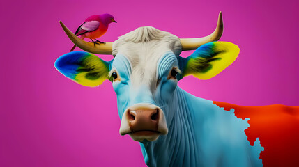A multicolored cow with a small red bird on its horns - Powered by Adobe