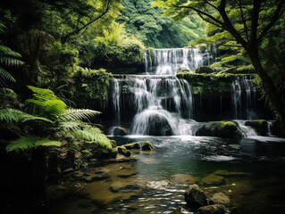 A stunning waterfall flows through abundant foliage, creating a picturesque natural oasis.