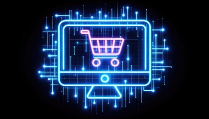 Neon glowing color futuristic Online shopping cart sign. 