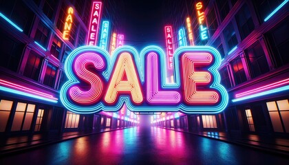 Neon glowing color SALE shopping sign. 