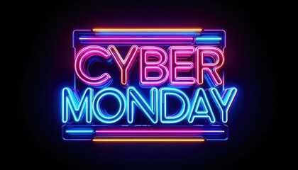 Neon glowing color Cyber monday shopping sign. 