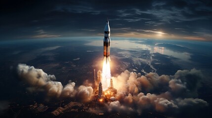 Space rocket starts from land to the space - obrazy, fototapety, plakaty