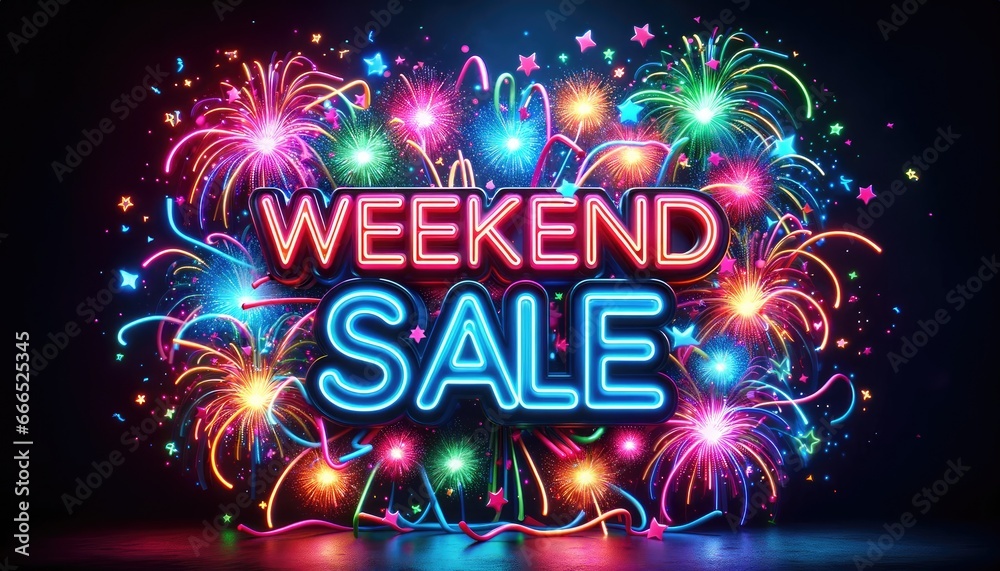 Poster Neon glowing color shopping weekend sale sign. 