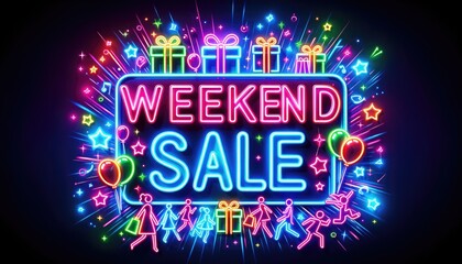 Neon glowing color shopping weekend sale sign.  - obrazy, fototapety, plakaty