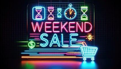 Neon glowing color shopping weekend sale sign. 