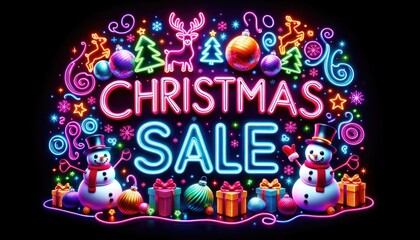 Fototapeta premium Neon glowing color shopping Christmas happy new year 2024 2025 sale sign. 