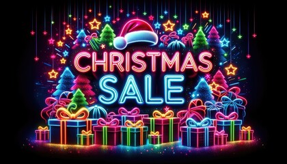Neon glowing color shopping Christmas happy new year 2024 2025 sale sign. 