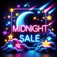 Neon glowing color shopping midnight sale sign. 