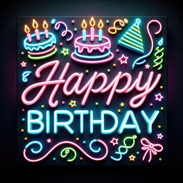 Neon glowing color shopping happy birthday sale sign. 