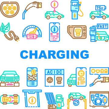 electric car charging icons set vector. station energy, vehicle auto, battery green, recharge power, hybrid, transport electric car charging color line illustrations
