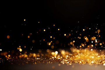 Fototapeta na wymiar Abstract gold shiny Christmas background with bokeh. Holiday bright golden dust. Blurred backdrop with particles.