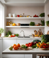 Trendy white kitchen full of fresh vegetables