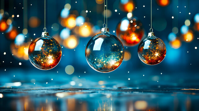 Christmas and New Year holidays background with golden and blue balls. Christmas tree decorations on a blue background. 3d rendering. Generative AI technology.