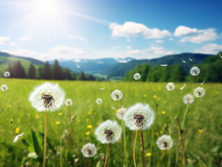 A beautiful field filled with dandelions, their fluffy seeds floating in the air and dispersing.