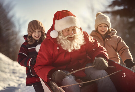 AI generative images. Happy and playful Santa Claus and kids sledding on a sledge in a snowy landscape